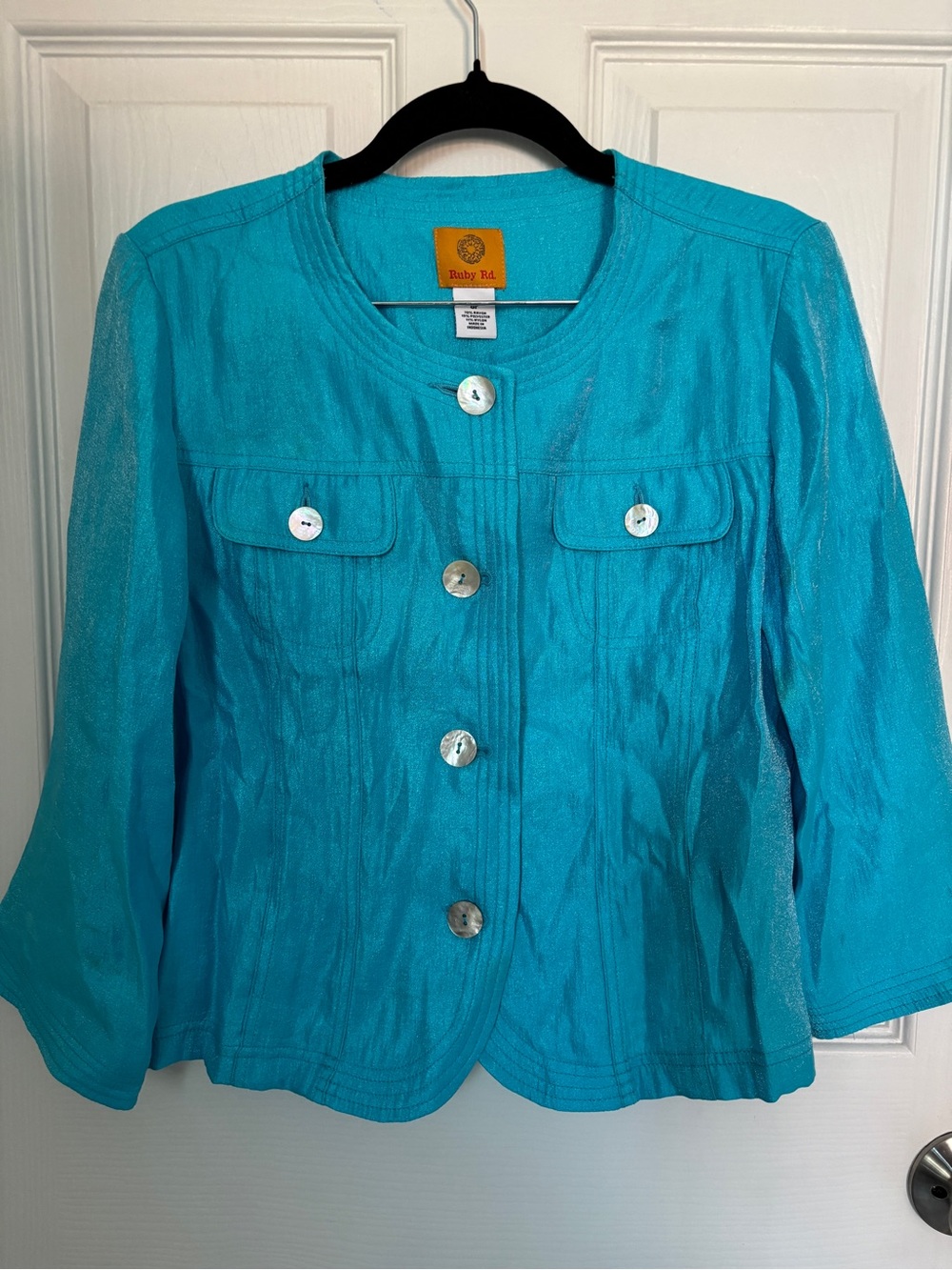 Ruby Rd Vintage Metallic Blue Button Down Mother of Pearl Buttons Rayon Blend